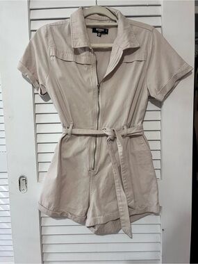 ASOS Beige Short Sleeve Zip Romper with Tie Belt